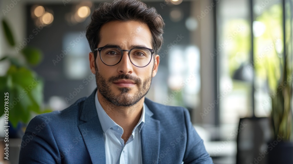 Portrait of an investor with a focused look, participating in an office meeting. Simple setting, emphasizing confidence and engagement.