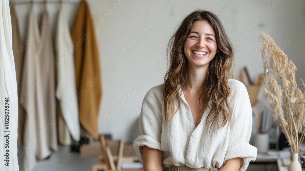 Fashion designer laughing with a tool in hand, standing in her studio. Minimalistic space, showcasing her joy and dedication as a startup owner. Fashion designer laughing with a tool in hand, standing in her studio. Minimalistic space, showcasing her joy and dedication as a startup owner.
