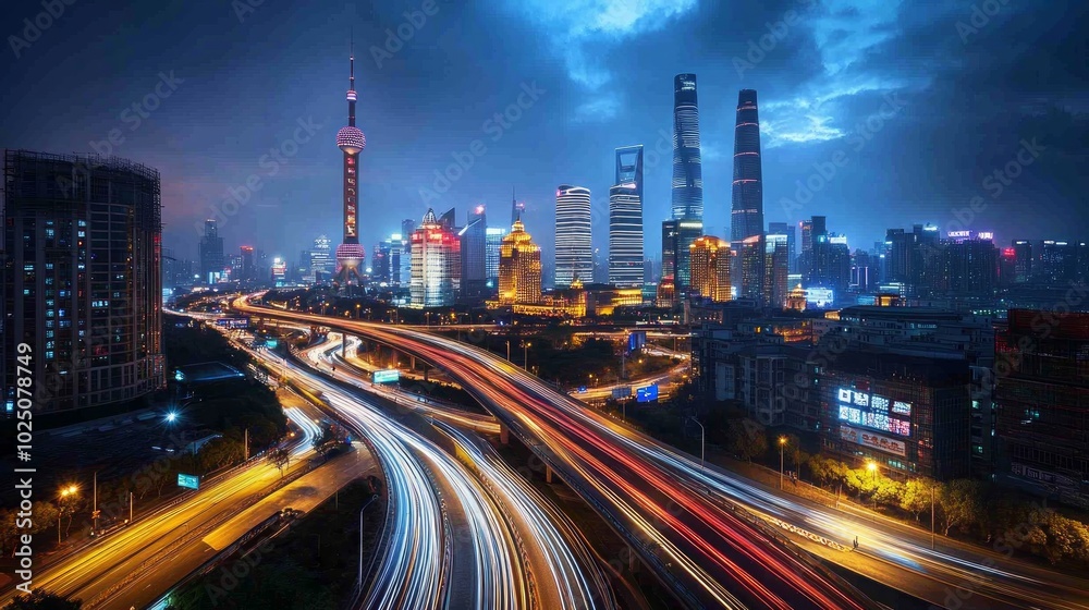 A long exposure shot of a highway in a city at night with skyscrapers illuminated by streetlights. A long exposure shot of a highway in a city at night with skyscrapers illuminated by streetlights.