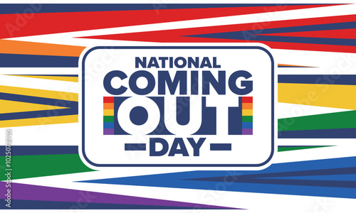National Coming Out Day. Happy holiday. Pride month. LGBT rainbow flag. Diversity and equality. Gay and lesbian. Free love, heart shape. Illustration. Vector poster