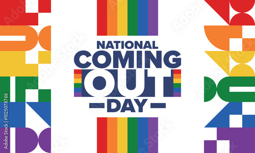 National Coming Out Day. Happy holiday. Pride month. LGBT rainbow flag. Diversity and equality. Gay and lesbian. Free love, heart shape. Illustration. Vector poster