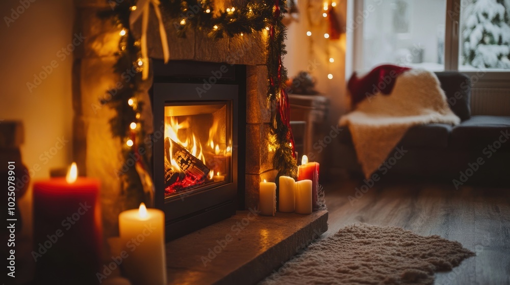 A cozy fireplace decorated with garlands and candles, warm fire burning in it A cozy fireplace decorated with garlands and candles, warm fire burning in it