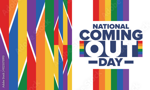 National Coming Out Day. Happy holiday. Pride month. LGBT rainbow flag. Diversity and equality. Gay and lesbian. Free love, heart shape. Illustration. Vector poster