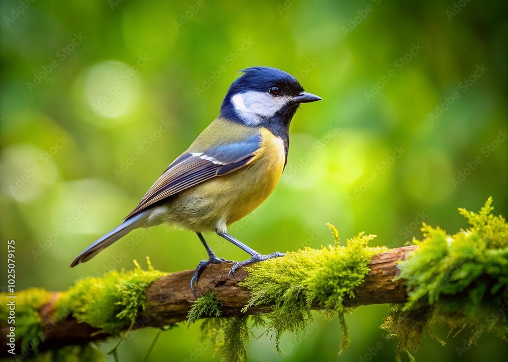 Fototapeta premium Charming Titmouse Bird Perched on a Branch in a Lush Green Forest Captured in Natural Habitat