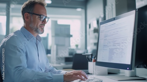 Business professional reviewing an invoice on a computer in an office. Clean setting, highlighting attention to detail in accounting.