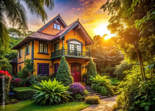 Charming Textured House with Unique Architectural Details Surrounded by Lush Greenery and Natural Light for Stunning