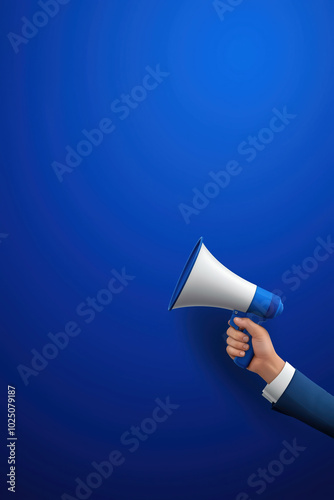 Hand holding a megaphone against a blue background while calling for attention