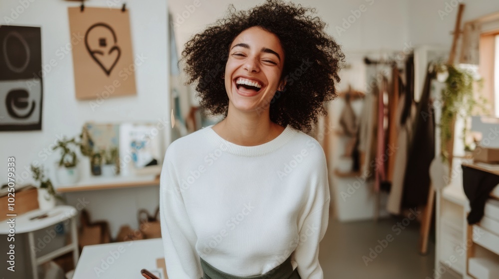 Fashion designer laughing with a tool in hand, standing in her studio. Minimalistic space, showcasing her joy and dedication as a startup owner. Fashion designer laughing with a tool in hand, standing in her studio. Minimalistic space, showcasing her joy and dedication as a startup owner.