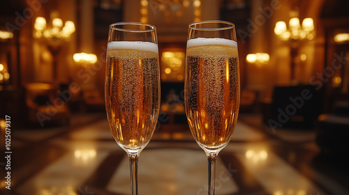 Elegant Champagne Glasses Toasting against a hall