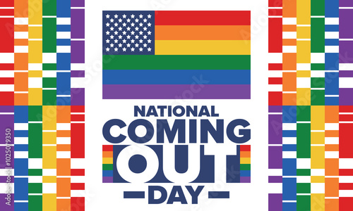 National Coming Out Day. Happy holiday. Pride month. LGBT rainbow flag. Diversity and equality. Gay and lesbian. Free love, heart shape. Illustration. Vector poster