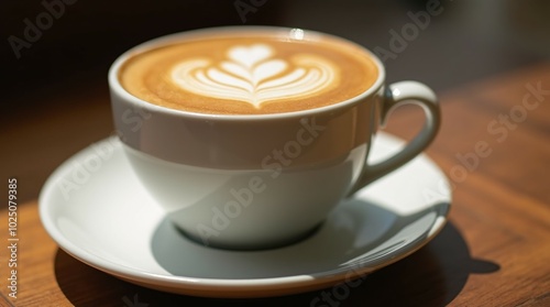 Cup of hot cappuccino with frothy foam art on the table.