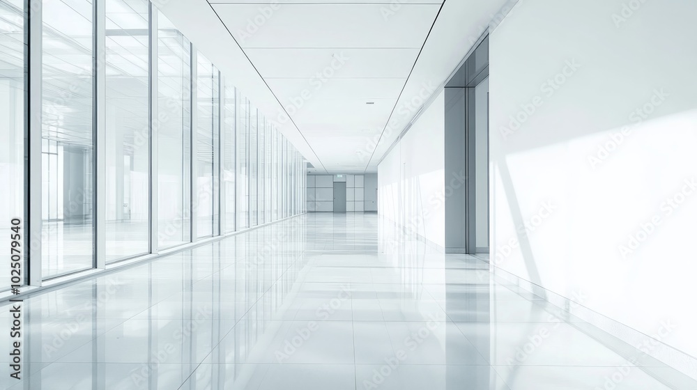 A long, empty hallway with white walls and a glass window wall on the left, light reflecting off the floor. A long, empty hallway with white walls and a glass window wall on the left, light reflecting off the floor.