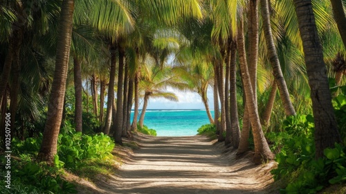 A Pathway Through Palm Trees Leading to a Turquoise Ocean