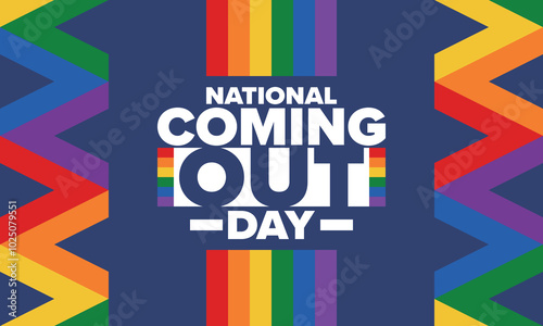 National Coming Out Day. Happy holiday. Pride month. LGBT rainbow flag. Diversity and equality. Gay and lesbian. Free love, heart shape. Illustration. Vector poster