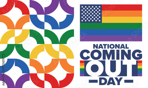 National Coming Out Day. Happy holiday. Pride month. LGBT rainbow flag. Diversity and equality. Gay and lesbian. Free love, heart shape. Illustration. Vector poster