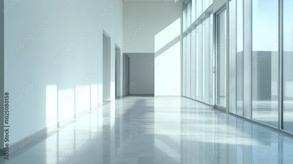 Fototapeta premium A minimalist hallway with white walls, a marble floor, and large windows. Sunlight streams in through the windows, casting long shadows on the floor.