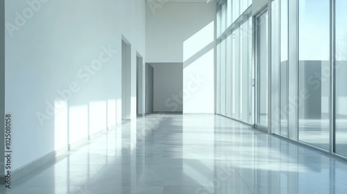 A minimalist hallway with white walls, a marble floor, and large windows. Sunlight streams in through the windows, casting long shadows on the floor.