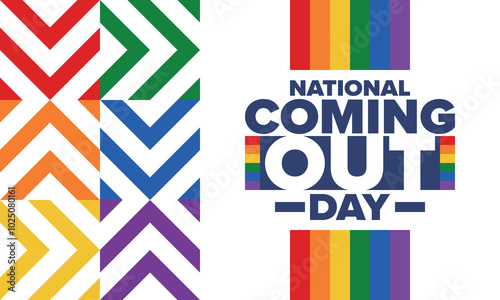 National Coming Out Day. Happy holiday. Pride month. LGBT rainbow flag. Diversity and equality. Gay and lesbian. Free love, heart shape. Illustration. Vector poster
