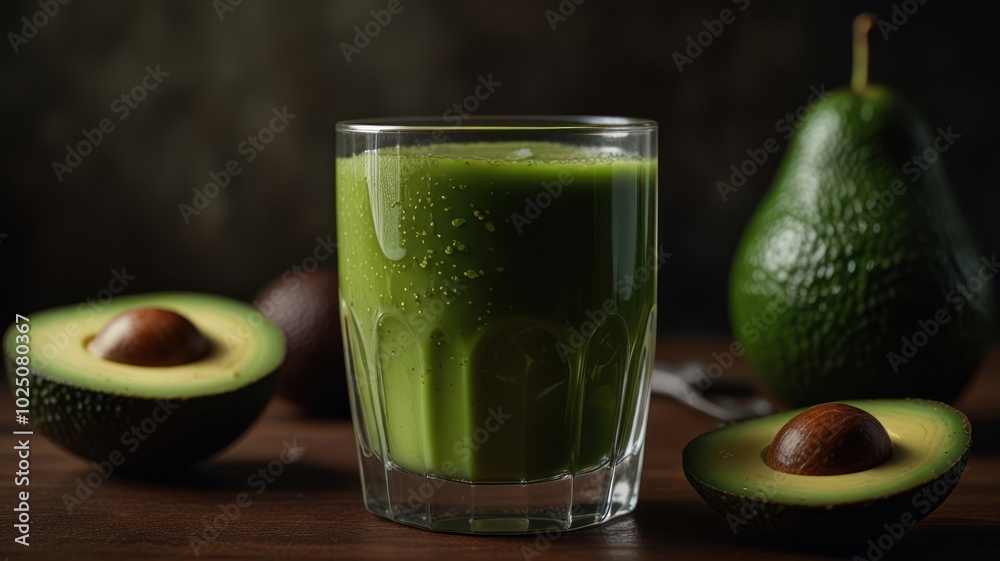 A glass of green avocado smoothie with fresh avocado halves on a wooden table. A glass of green avocado smoothie with fresh avocado halves on a wooden table.