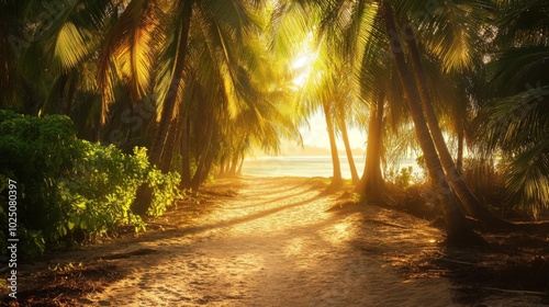 Sunlit Path Through a Palm Grove Leading to a Tropical Beach