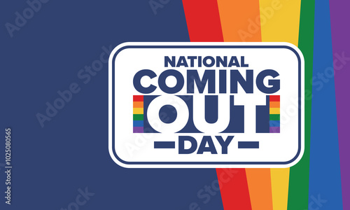 National Coming Out Day. Happy holiday. Pride month. LGBT rainbow flag. Diversity and equality. Gay and lesbian. Free love, heart shape. Illustration. Vector poster