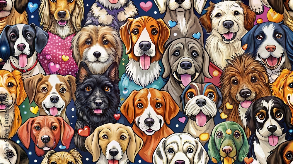 Childish Seamless Pattern with Hand Drawn Dogs Faces in Doodle Style - Cartoon Puppies of Different Breeds in Childish Seamless Pattern with Hand Drawn Dogs Faces in Doodle Style - Cartoon Puppies of Different Breeds in
