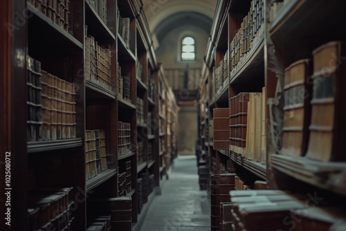 Dimly lit library with tall bookshelves and reading desks