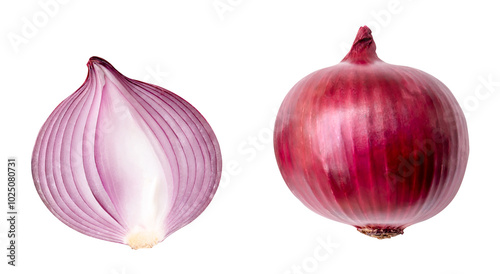 Top view set of big red or purple onion bulb with half isolated on white background with clipping path