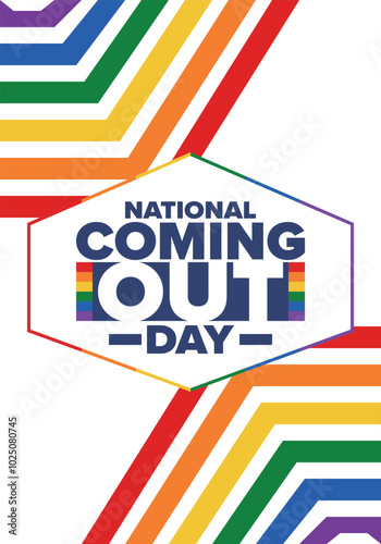 National Coming Out Day. Happy holiday. Pride month. LGBT rainbow flag. Diversity and equality. Gay and lesbian. Free love, heart shape. Illustration. Vector poster