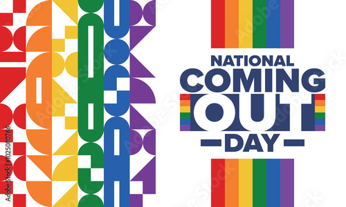National Coming Out Day. Happy holiday. Pride month. LGBT rainbow flag. Diversity and equality. Gay and lesbian. Free love, heart shape. Illustration. Vector poster