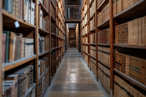 Classic library with wooden shelves and old books