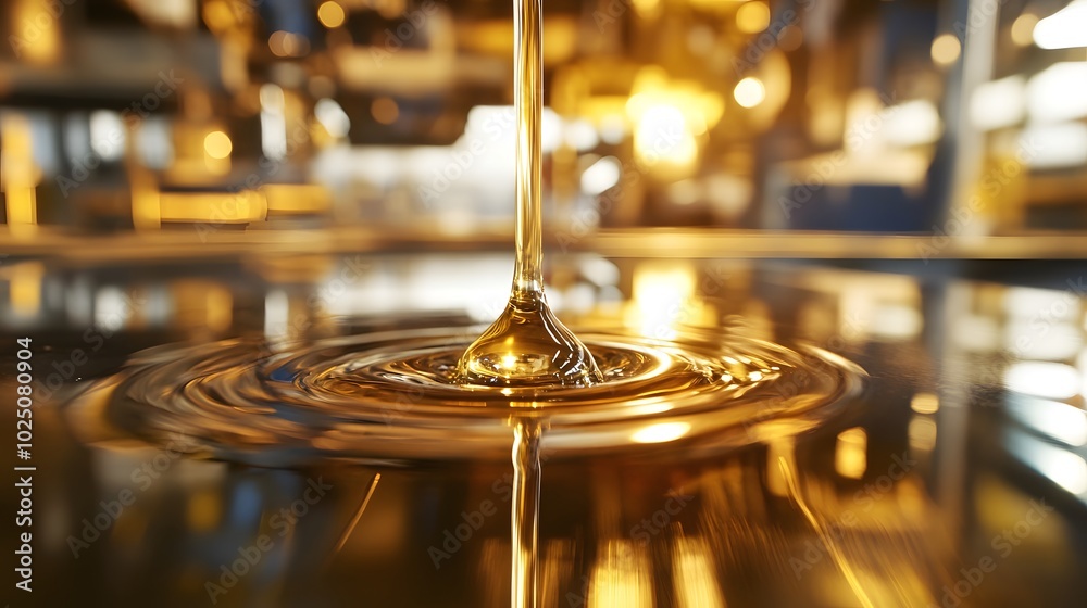Obraz premium A close-up of a drop of oil on a shiny surface, with reflections of machinery in the background