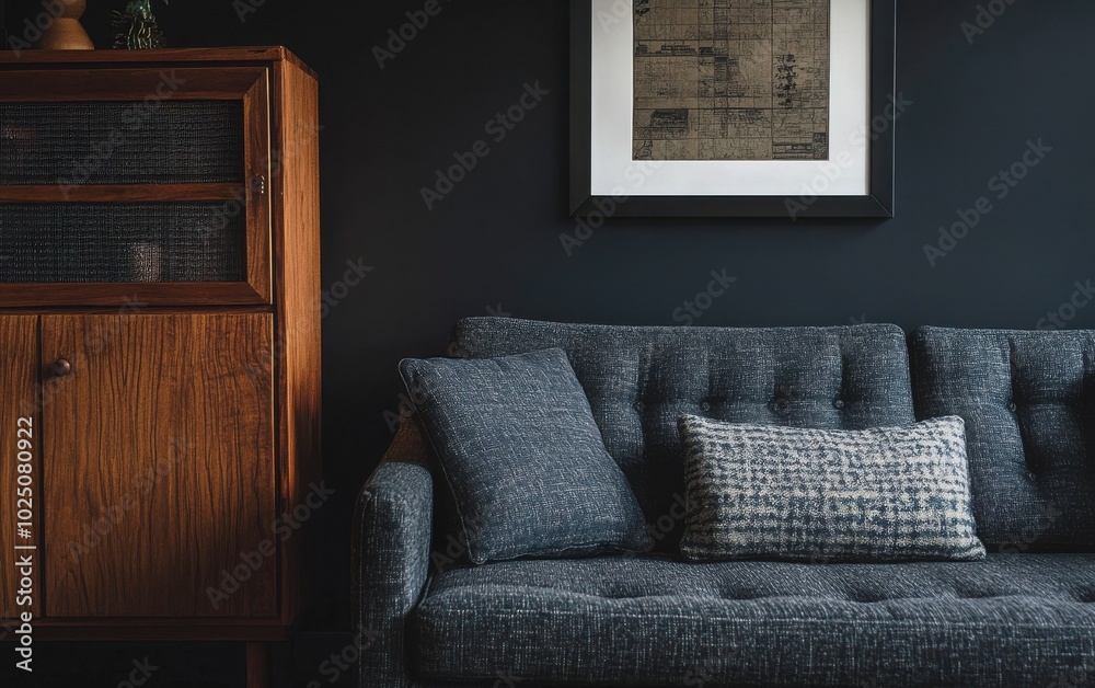Fototapeta premium Close-up shot of the mid-century sofa, emphasizing its clean lines and comfortable cushions. 