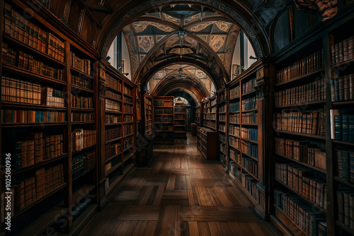 Dimly lit historical library with tall bookshelves