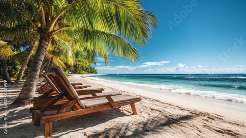 Tropical Beach Paradise with Palm Trees and Lounge Chairs