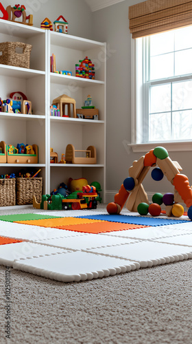 A front view of a playroom with soft play mats, a mini climbing structure, and shelves filled with toys photo