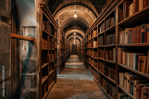 Classical library with vaulted ceiling and rows of books