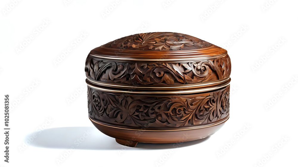 Beautiful carved wooden jewelry box with an intricate pattern showing off the craftsman's skill, side view - generative AI Beautiful carved wooden jewelry box with an intricate pattern showing off the craftsman's skill, side view - generative AI