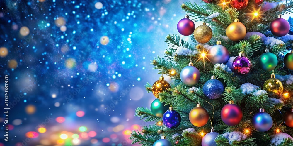 Christmas Tree Snow Ball Decoration with Glittering Fir Branch on Blue Abstract Night for Festive Holiday Cheer Christmas Tree Snow Ball Decoration with Glittering Fir Branch on Blue Abstract Night for Festive Holiday Cheer