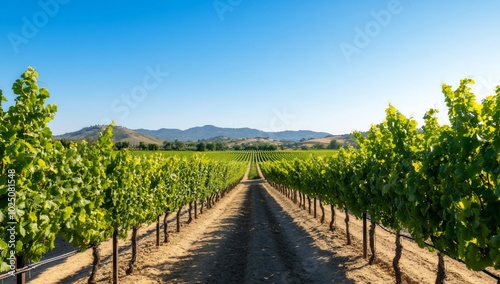 A scenic vineyard landscape under a clear blue sky.