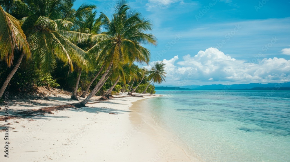 Tranquil Tropical Beach with Lush Palm Trees and Azure Waters Tranquil Tropical Beach with Lush Palm Trees and Azure Waters