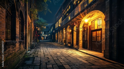 A narrow, cobblestone street lined with old buildings in the evening. The street is illuminated by street lamps and the windows of the buildings.