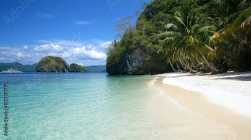 Tropical Beach with Palm Trees and Clear Blue Water