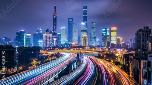 A night view of Shanghai's skyline with brightly lit skyscrapers and light trails from traffic on a highway in the foreground. photo