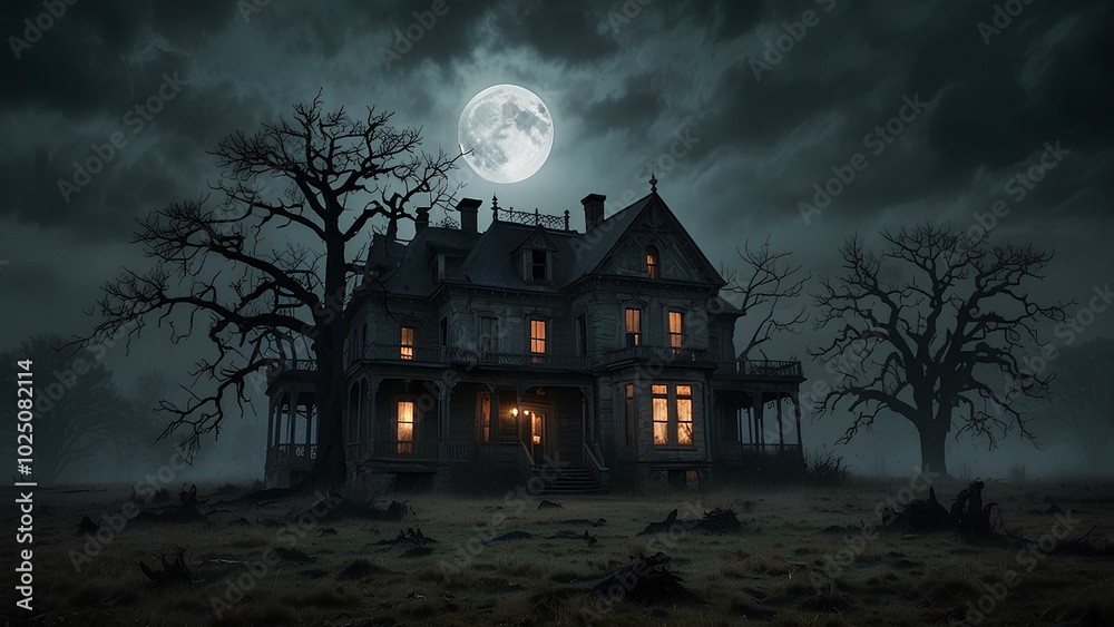 Foggy Night Around a Haunted Mansion with Dead Trees and Full Moon Foggy Night Around a Haunted Mansion with Dead Trees and Full Moon