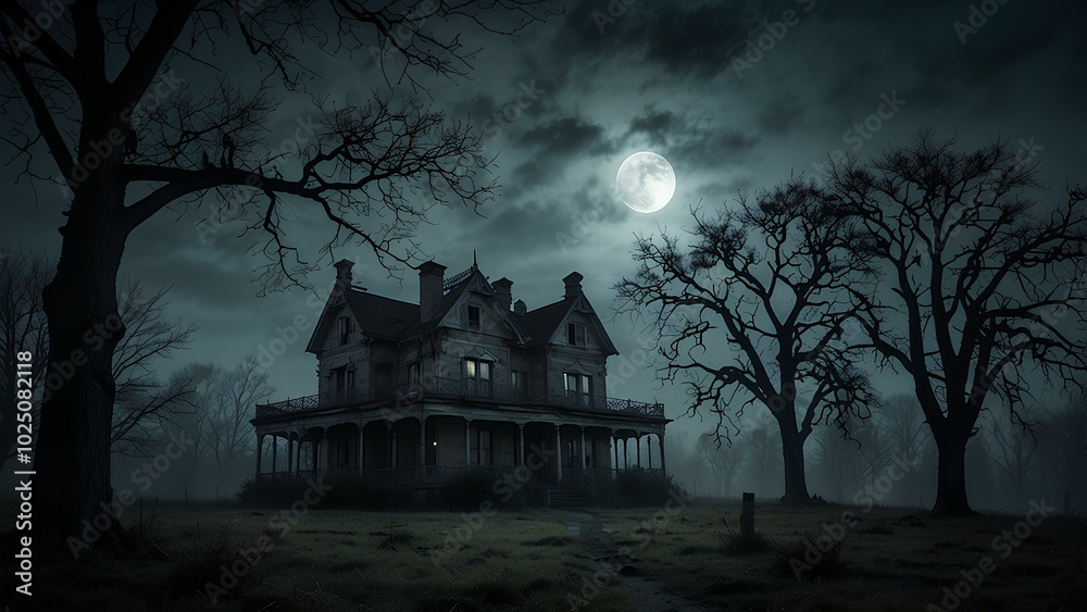 Foggy Night Around a Haunted Mansion with Dead Trees and Full Moon Foggy Night Around a Haunted Mansion with Dead Trees and Full Moon