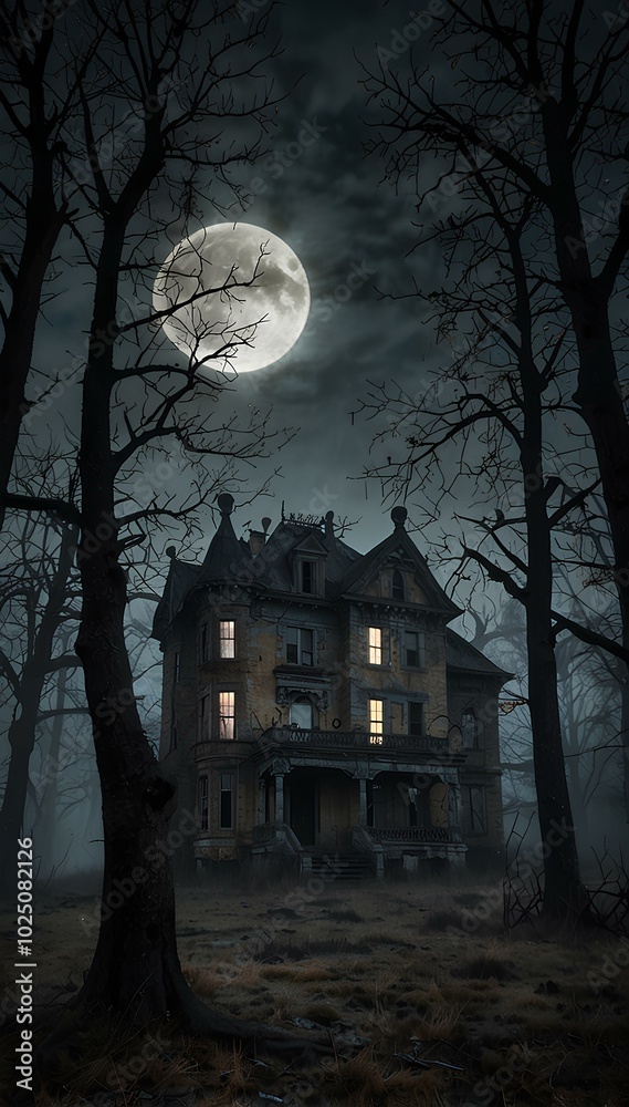 Fototapeta premium Foggy Night Around a Haunted Mansion with Dead Trees and Full Moon