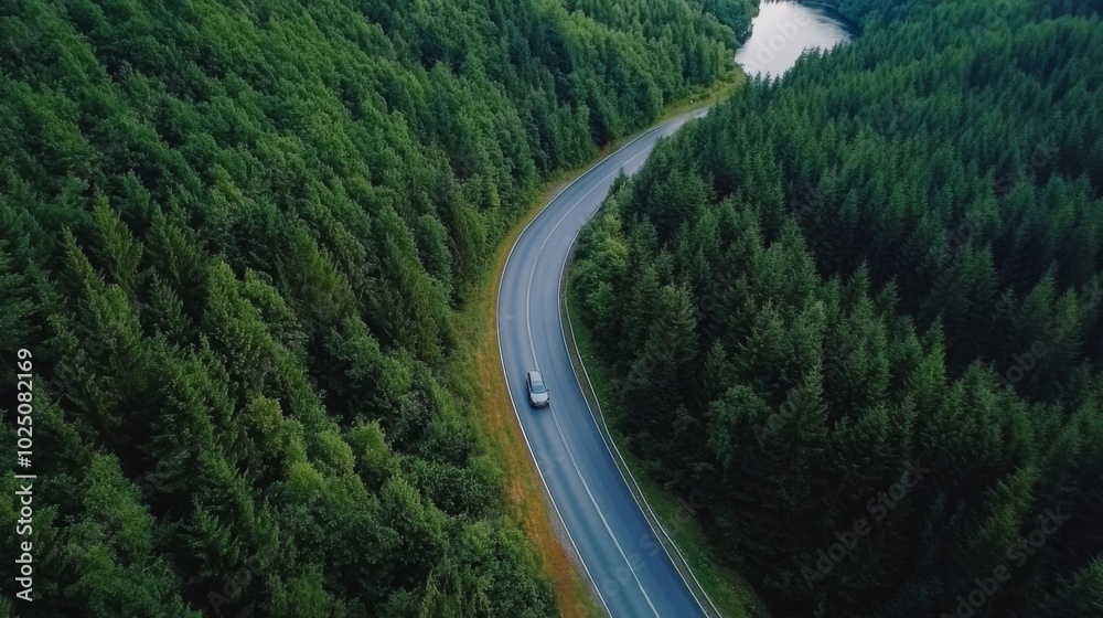 Aerial View of a Winding Road Through a Lush Forest Aerial View of a Winding Road Through a Lush Forest