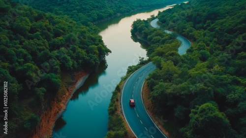 Red Car Driving on a Winding Road Through Lush Green Forest