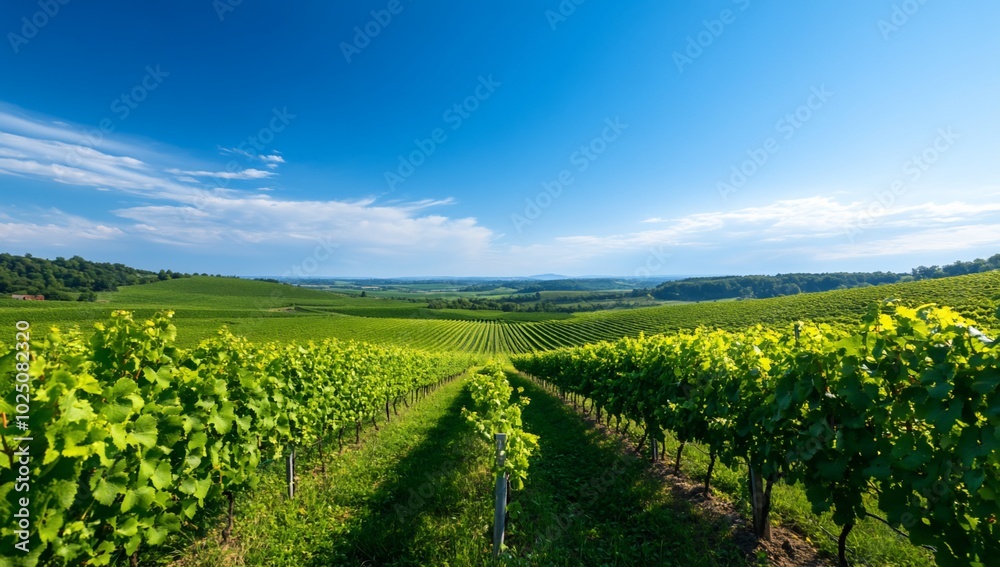 Lush vineyard landscape under a clear blue sky. Lush vineyard landscape under a clear blue sky.